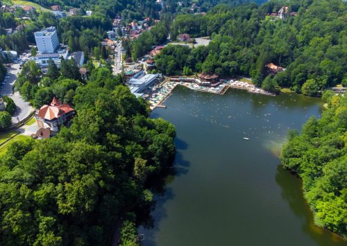 Aerial,View,Of,Bear,Lake,(ursu,Lake),From,Sovata,Resort